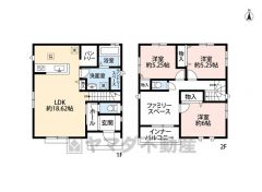 3LDKとファミリースペース。LDKは広々18.62帖＾＾パントリー付きとリビング収納付き。洗面室にランドリースペースあり。2階に5.5帖のファミリースペースあり＾＾南面インナーバルコニー＾＾