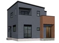 完成予想図。ベースとなる重厚感のある外壁に、玄関アプローチを包み込むような木目調のアクセントを設けることで、クールさの中に温もりを感じる洗練されたコントラストを生み出しています＾＾ 