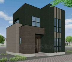 完成予想図。黒を基調に茶色とグレーをアクセントにしたモダンな外観デザインです。