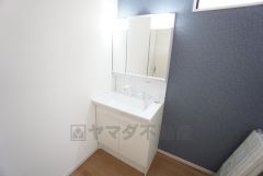 三面鏡裏収納付き洗面化粧台です＾＾ 歯磨きセットやスキンケア用品などの収納に便利ですね。 生活感も隠すことができ、来客時にも安心です。