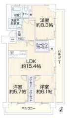 3LDK＾＾南向き＾＾LDK15.4帖＾＾全室フローリング＾＾ 主寝室8.3帖＾＾広々としたWIC付＾＾全居室収納有＾＾