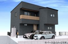 完成予想図。ダークグレーを基調とした外壁に、木目調のバルコニーがやさしいアクセントを添える、スタイリッシュで重厚感のある外観です＾＾ 