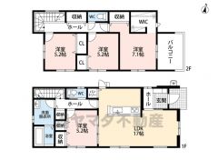 4LDK。LDK17帖＾＾パントリー付き。家族間コミュニケーションが取りやすいリビングスルー階段を採用。主寝室にウォークインクローゼットなど全居室収納付き＾＾東側に広々バルコニーあり。