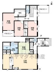 1階はLDKと隣接する和室を合わせると22帖以上の大空間＾＾ 2階全居室南向きで日当たり良好＾＾バルコニーは2ヶ所にあり＾＾