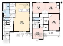 3LDK。4LDKも可＾＾お子様の成長に合わせて部屋を仕切れる仕様です＾＾ LDKは広々18.5帖。広めのパントリーやリネンスペースあり＾＾2階2洋室にウォークインクローゼット付き＾＾