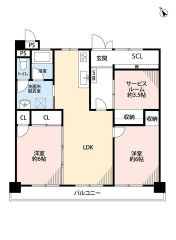 2LDK（S）全居室がバルコニーに面した贅沢な配置＾＾約3.5帖のサービスルームは、テレワーク部屋、シアタールーム、ファミリークローゼットとしても活用可能。SIC、全居室収納付きなど収納充実の間取り。