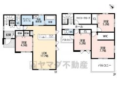 4LDK。LDK17.7帖＾＾パントリー付き。洗面脱衣室横に広めのランドリースペースあり＾＾2階にファミリークローク完備＾＾収納充実の間取り＾＾南西バルコニーで陽当たり良好＾＾ 