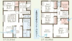 4LDKとS。南東向き。主寝室にウォークインクローゼットなど全居室収納付き。2階にストレージルームあり。幅広のインナーバルコニーで急な雨でも安心です。