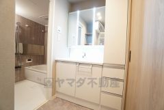 三面鏡裏収納付き洗面化粧台です＾＾ 歯磨きセットやスキンケア用品などの収納に便利ですね。生活感も隠すことができ、来客時にも安心です。