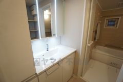 三面鏡つき洗面台。収納も一体型になっているので、化粧品や予備の歯ブラシ等もきれいに整頓できますね＾＾