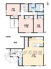 1階は約17帖南向きのLDKとインナーガレージ＾＾ご家族とのコミュニケーションが自然と増えるリビング階段を採用＾＾2階にお風呂と洗面室、3洋室＾＾全居室収納＾＾南西バルコニーで陽当り良好＾＾