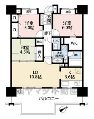 約4.5帖の和室含む3LDK。主寝室にはウォークインクローゼットなど全居室収納付き＾＾洗面室にリネン庫あり＾＾南東向きの広々としたバルコニー。水栓あり＾＾