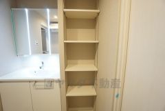 洗面台横には、可動棚タイプの収納スペース完備。衣類やタオルもスッキリ整頓できそうですね＾＾