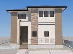 完成予想図。カフェを訪れた時のような心地よさを自宅の外観に。 ベージュの優しい色使いは、家族を温かく迎え入れるだけでなく、植栽の緑とも相性がいいです。