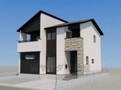 完成予想図。シックなブラックの外壁と、清潔感あふれるホワイトの壁面。そこへ温かみのある石積みの質感を加えることで、重厚感と居心地の良さを両立させました＾＾