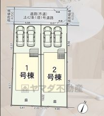 全2区画の新築戸建です＾＾2号棟。前面道路は北西側約4ｍの位置指定道路に面しています。