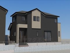 完成予想図。ブラックを基調とした外壁に、やわらかなベージュのアクセントを組み合わせた、上品で落ち着きのあるモダンな外観です。