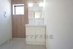 三面鏡裏収納付き洗面化粧台。