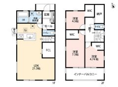 オールフローリング3LDK＾＾納戸あり。LDKは広々21.5帖。全居室ウォークインクローゼット完備＾＾南西面バルコニーで陽当たり良好＾＾