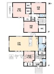 1階はLDKと隣の洋室を合わせると20.3帖の広々とした空間＾＾2階は3洋室全てにウォークインクロゼット付き。主寝室は8.7帖。南面バルコニーで陽当たり良好＾＾