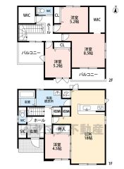 オールフローリング4LDK。LDK広々18帖。リビング収納、パントリー付き＾＾2階に居室から独立したファミリークロークあり＾＾SIC、WICなど収納充実の間取り。南面に広々バルコニー2か所＾＾ 