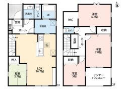 4LDK。南向き＾＾LDKと和室合わせると20.4帖の広々とした空間。ランドリールームあり。洗面・脱衣別設計＾＾主寝室にウォークインクローゼットなど収納充実。インナーバルコニーで急な雨でも安心＾＾