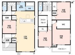 4LDK＾＾LDK19帖＾＾全居室収納、ファミリークローク、WIC有で収納充実＾＾南向きバルコニーで日当たり、風通し良好＾＾