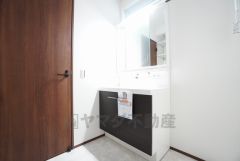 三面鏡裏収納付き洗面化粧台です＾＾ 歯磨きセットやスキンケア用品などの収納に便利ですね。