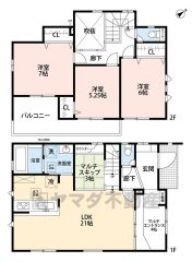 3帖のマルチスキップ含む4LDK。21帖のLDKは吹抜けと折り上げ天井で明るく開放感のある空間＾＾玄関に広々とした4帖のマルチエントランスあり＾＾2部屋から行き来できる続きバルコニー＾＾