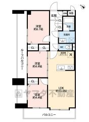 オールフローリング3LDK。玄関・廊下収納充実＾＾全居室収納付き＾＾北西・南西側の2面バルコニー＾＾陽当たり、風通し良好＾＾