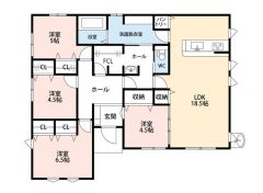 4LDK。平屋。家の中心にファミリークロークを配置。家事が効率的な回遊動線を実現＾＾