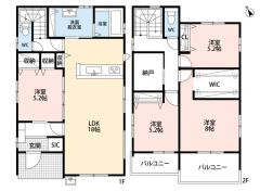 お掃除のしやすいオールフローリング。リビングスルー階段でご家族が自然に顔をあわせられる間取りです。