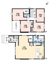 4LDK。南西向き。 LDKは23.2帖の広々とした空間＾＾ウォークインクローゼット＆パントリー付き。 家族間のコミュニケーションが取りやすい、リビング階段を採用＾＾ 南西バルコニーで陽当たり良好。