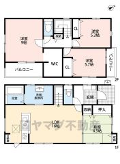和室含む4LDK。16帖のLDKにはパントリー付き＾＾リビング階段。洗面室に収納あり＾＾主寝室は広々9帖＾＾WIC付き。2面バルコニーで風通し良好＾＾