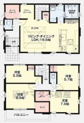 4LDK。LDK広々19.5帖＾＾スタディーカウンター＆フリースペース付き。玄関にホールクローク、2階2洋室にウォークインクローゼットなど収納充実の間取り＾＾