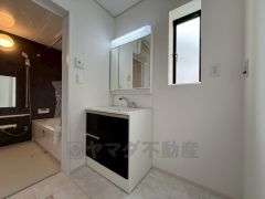 三面鏡裏収納付き洗面化粧台です＾＾ 歯磨きセットやスキンケア用品などの収納に便利ですね。 生活感も隠すことができ、来客時にも安心です。