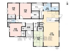 平屋。4LDKとファミリークローク。LDKは広々18.5帖。リビング収納＆パントリー付き。 ファミリークローク＆シューズクローク＆WICなど収納充実の間取り＾＾ 
