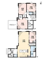 リビングは20帖の開放感あふれる空間。リビングイン階段でご家族が自然に顔をあわせられる間取り。2階は洋室が3部屋あるので、お子様が大きくなっても安心ですね＾＾