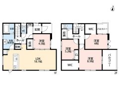 4LDK。南向き。LDKは広々18.1帖。リビング収納＆パントリー付き。家事効率アップの回遊動線＾＾2階2洋室にウォークインクローゼットなど収納充実の間取り。バルコニー2ヶ所。陽当たり＆風通し良好