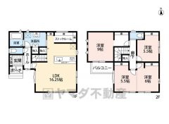 4LDK。16.25帖のLDK。キッチン後方には広々としたストックルーム付き＾＾主寝室は9帖。2階洋室はライフステージに合わせて仕切れる仕様になっています＾＾カースペースは2台分（軽含む）を確保＾＾