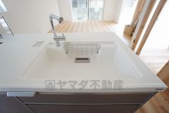 大きなお鍋も楽々洗える幅の広いシンクです＾＾洗剤やスポンジもすっきりできる収納付き。