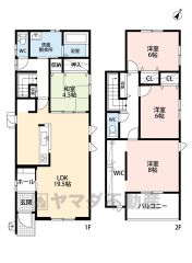 4LDK。リビングダイニングを分けやすいヨコ型LDK。パントリー付き。主寝室に大容量のウォークインクローゼットなど収納充実の間取り。