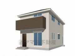 完成予想図。現況と異なる場合は現況優先となります。明るい外観に木目バルコニーがアクセントとなり、ナチュラルで温かみのあるお家です＾＾