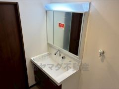 三面鏡裏収納付き洗面化粧台です＾＾ 歯磨きセットやスキンケア用品などの収納に便利ですね。