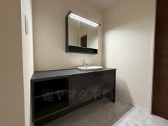 スタイリッシュな洗面化粧台です＾＾ 下にはたっぷり収納できる棚もあるので、タオルや洗剤などのストックもスッキリ収納できますね＾＾