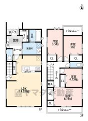 オールフローリング4LDK。LDKは広々19.25帖＾＾収納充実の間取り＾＾リビング収納、シューズクローゼットなど＾＾南・北側の2面バルコニーで陽当たり・風通し良好＾＾