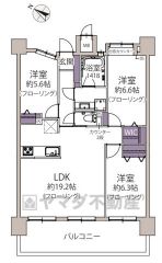 3LDK。LDKは約19.2帖の広々とした空間 。主寝室にウォークインクローゼットなど全居室収納付き。南西バルコニーで陽当たり良好＾＾ 