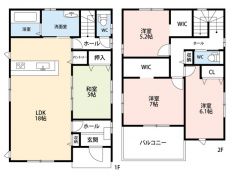 約5帖の和室含む4LDK。18帖のLDKにはリビング収納・パントリー付き＾＾2階2洋室にウォークインクローゼット付き＾＾その他全居室収納付き。南面バルコニーで陽当たり良好＾＾