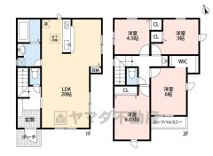 オールフローリング4LDK。LDKは約20帖の広々とした空間＾＾全居室収納付き＾＾2階廊下に手洗い器付き＾＾