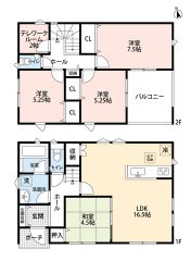 4LDKとS。南向き。リビングと隣和室合わせると約21帖の広々空間＾＾リビングダイニングを分けやすいL型のLDK。 2階に居室から独立したテレワークルーム有。広々インナーバルコニー。